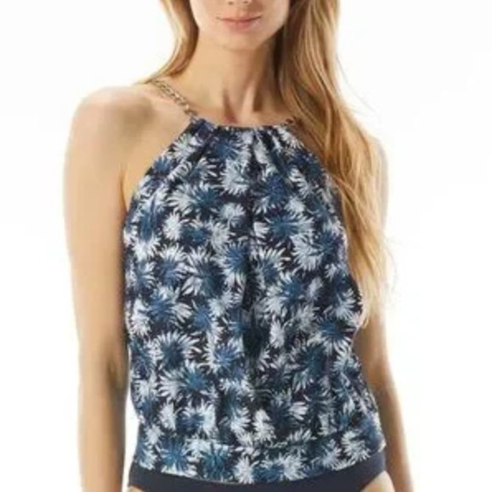 MICHAEL Michael Kors Blouson‎ High Neck Tankini Swim Top Blue Palm Mix M